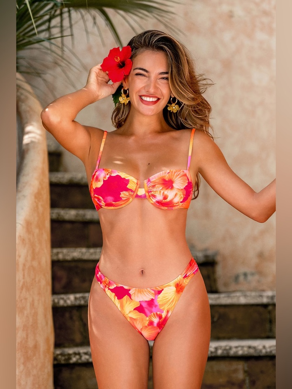 Cupshe Hot Pink and Orange Floral Underwire Bikini Top